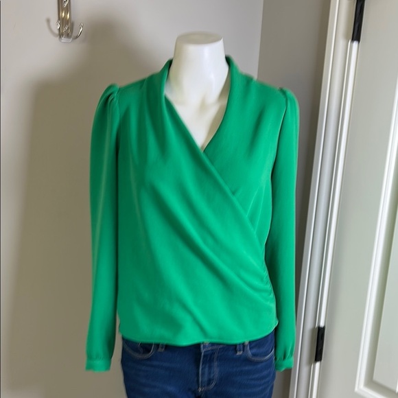 Sezane Abelia Blouse Green Faux Wrap Top Vneck Draped Shirt Long Sleeve 34 US XS - Picture 2 of 13